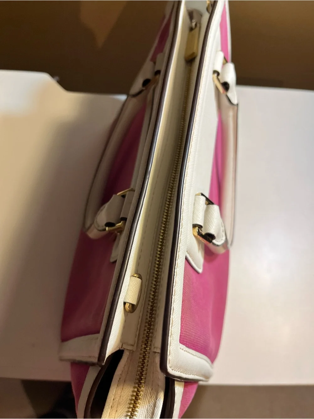 Michael Kors Pink Canvas White Leather Trim Satchel Bag